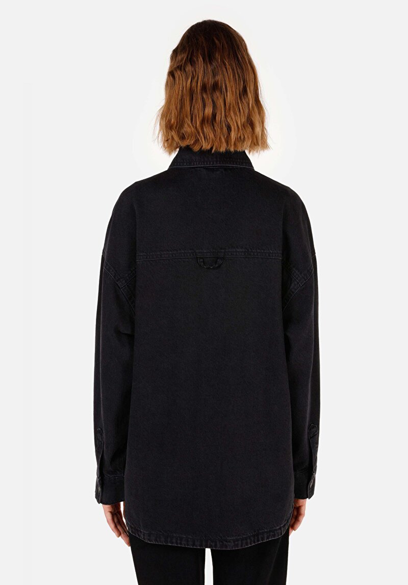 Oversize Fit Klasik Yaka  Kadın Mavi Uzun Kol Gömlek