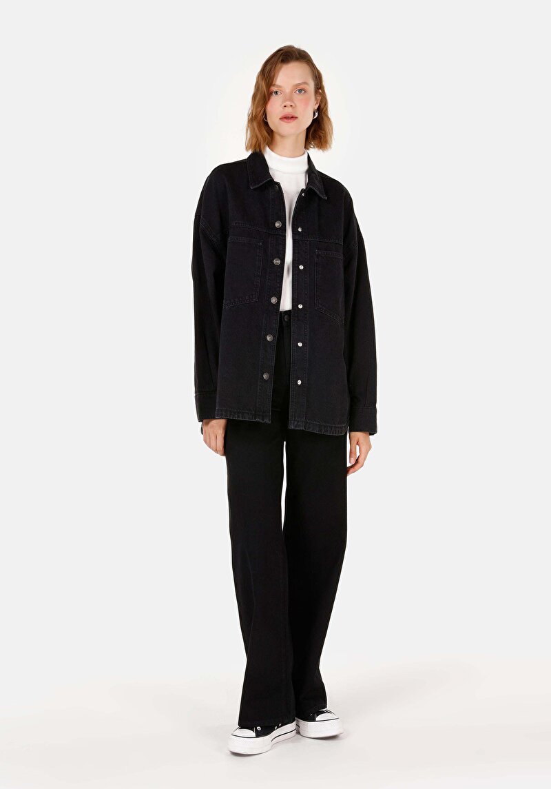 Oversize Fit Klasik Yaka  Kadın Mavi Uzun Kol Gömlek