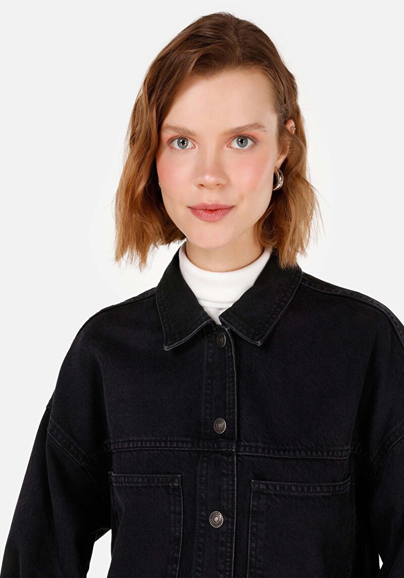 Oversize Fit Klasik Yaka  Kadın Mavi Uzun Kol Gömlek