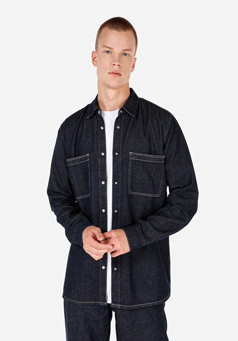 Regular Fit Klasik Yaka Erkek Pamuk Karışımlı Mavi Uzun Kol Gömlek