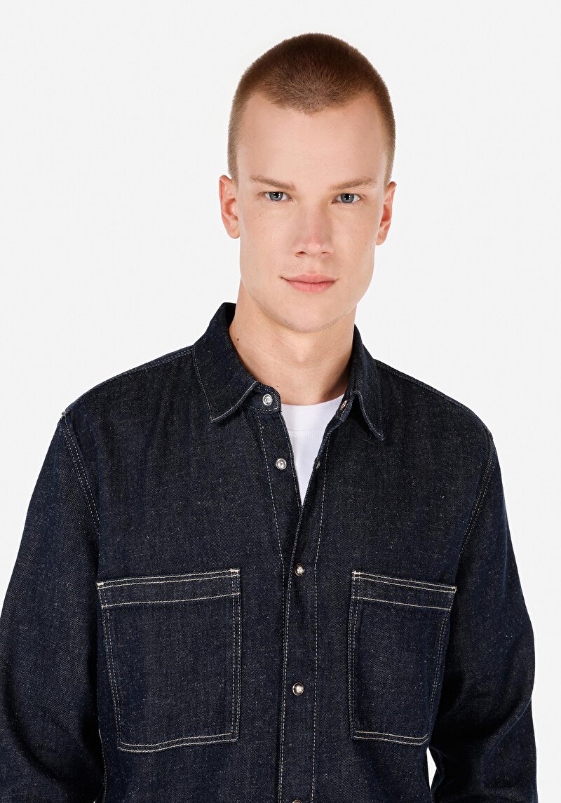 Regular Fit Klasik Yaka Erkek Pamuk Karışımlı Mavi Uzun Kol Gömlek