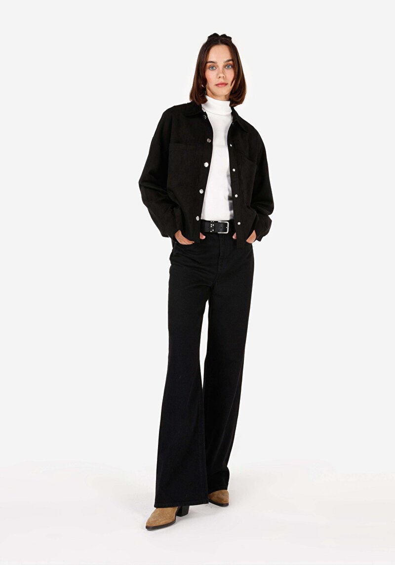 Regular Fit Örme Shirt Neck Kadın Siyah Uzun Kol Gömlek