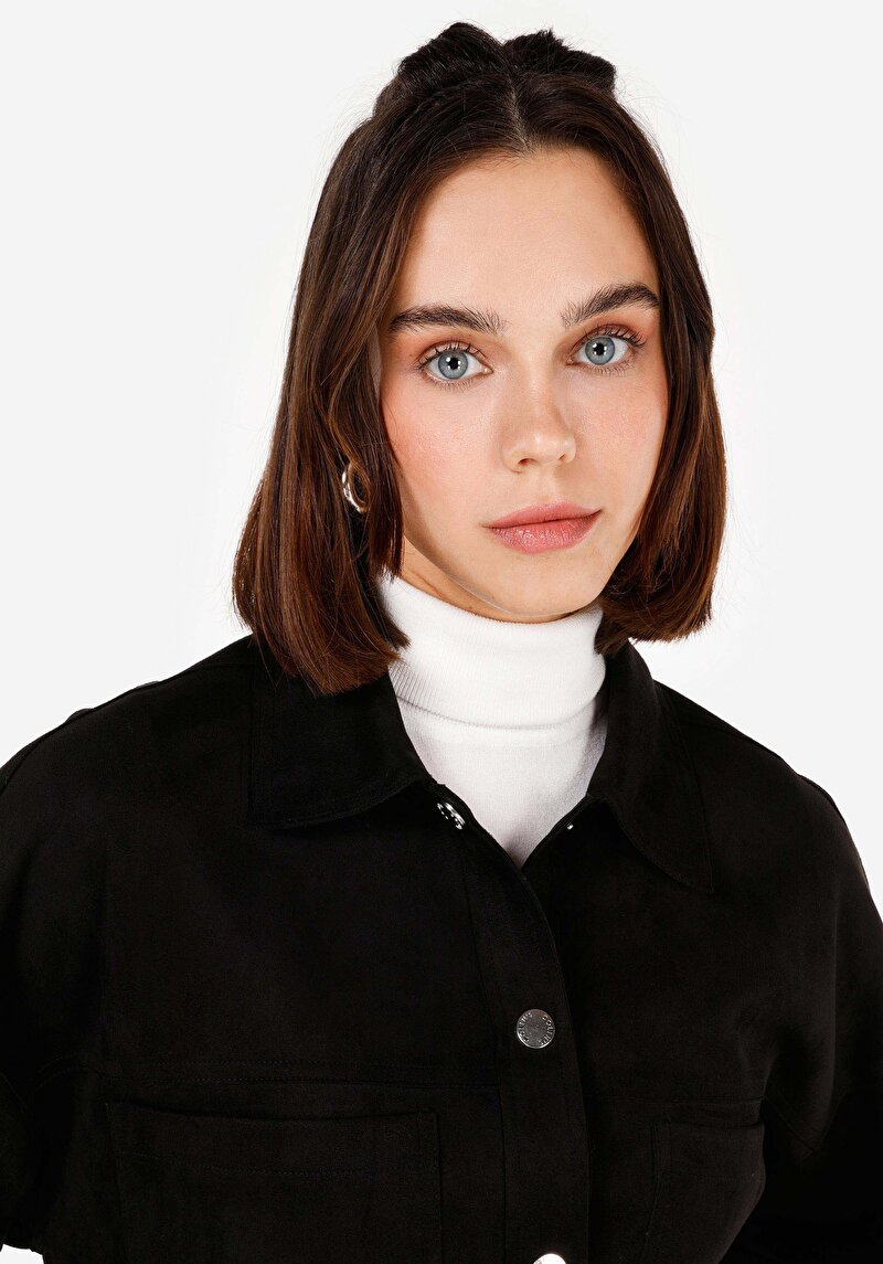 Regular Fit Örme Shirt Neck Kadın Siyah Uzun Kol Gömlek