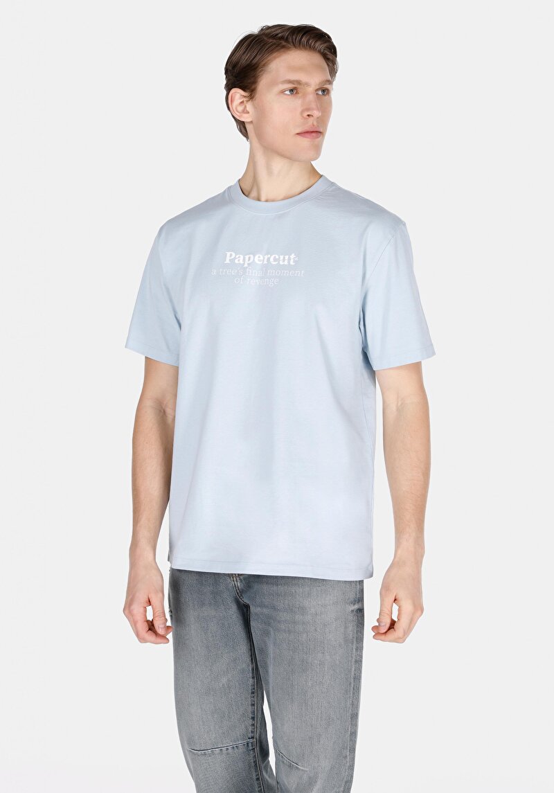 Comfort Fit Yuvarlak Yaka Düz Erkek Mavi Pamuk Kısa Kol Tişört