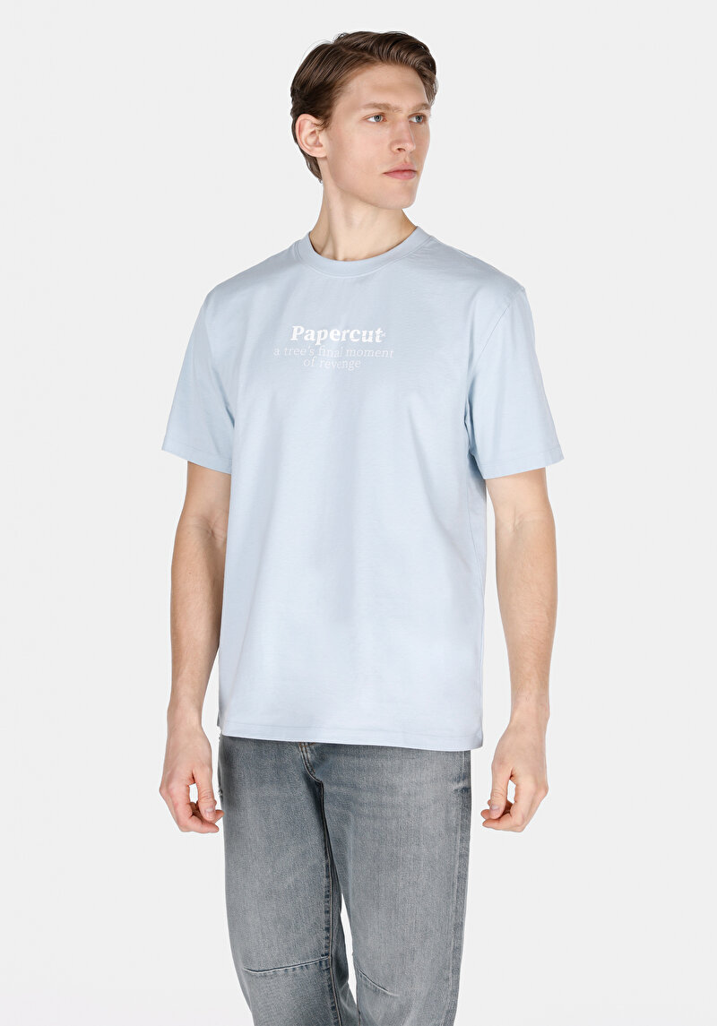 Comfort Fit Yuvarlak Yaka Düz Erkek Mavi Pamuk Kısa Kol Tişört