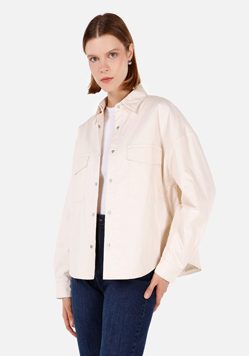 Relaxed Fit Shirt Neck    Kadın Ekru Gömlek