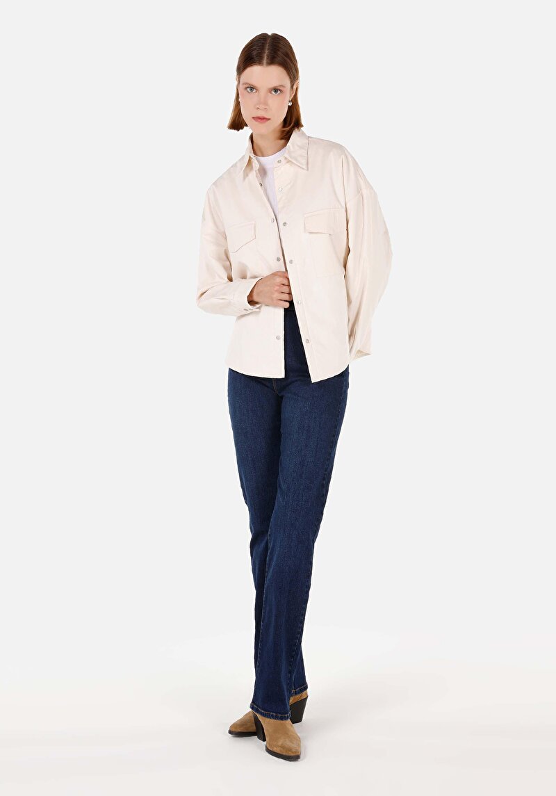Relaxed Fit Shirt Neck    Kadın Ekru Gömlek