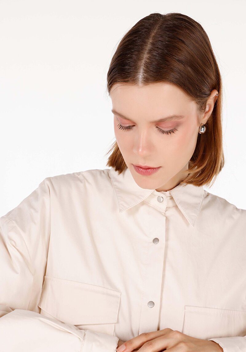 Relaxed Fit Shirt Neck Kadın Ekru Gömlek