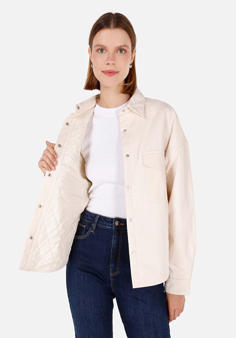 Relaxed Fit Shirt Neck    Kadın Ekru Gömlek