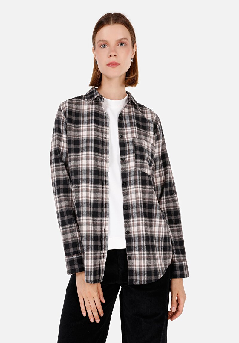 Regular Fit Shirt Neck Ekoseli Kadın Siyah Uzun Kol Gömlek