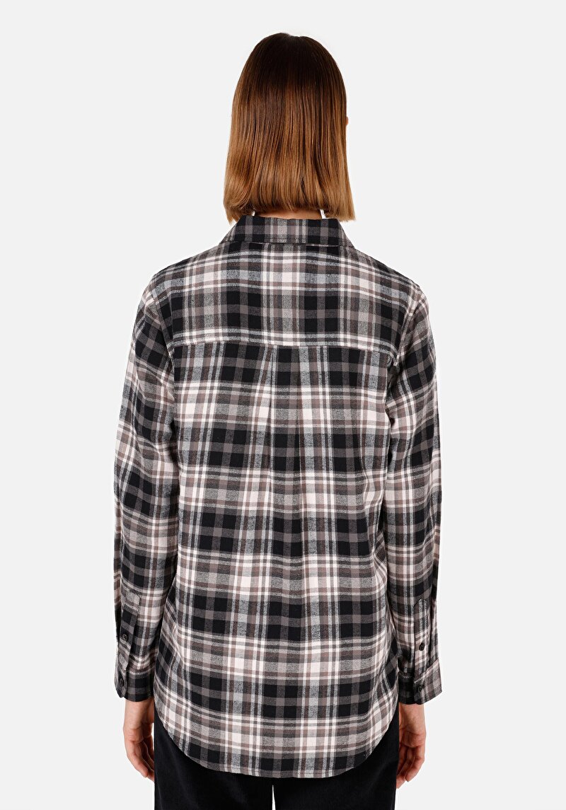 Regular Fit Shirt Neck Ekoseli Kadın Siyah Uzun Kol Gömlek