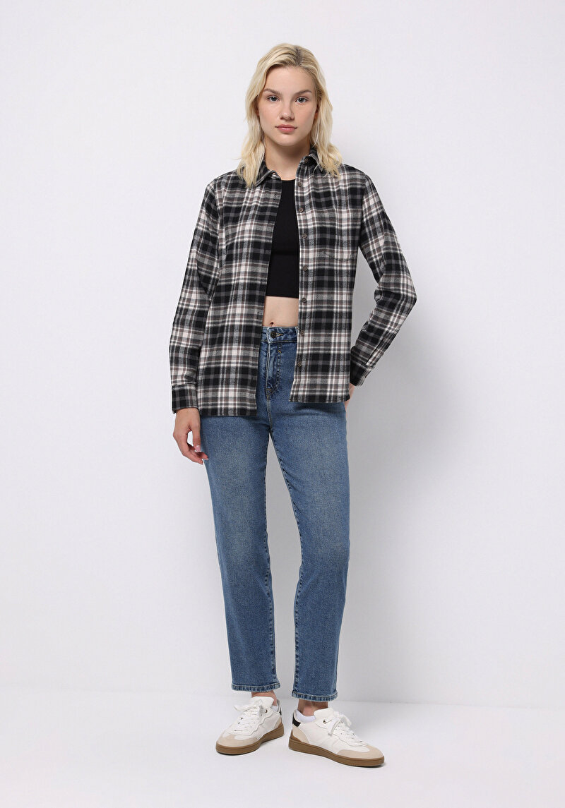 Regular Fit Shirt Neck Ekoseli Kadın Siyah Uzun Kol Gömlek