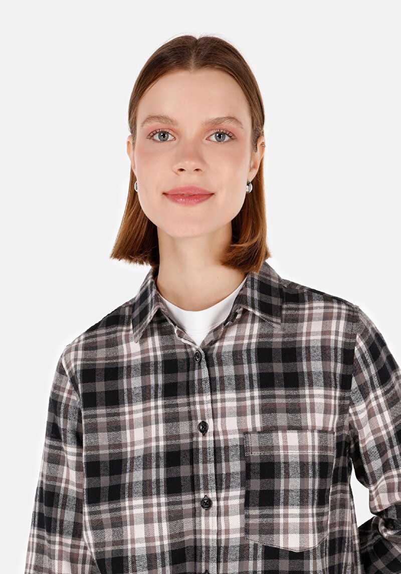 Regular Fit Shirt Neck Ekoseli Kadın Siyah Uzun Kol Gömlek