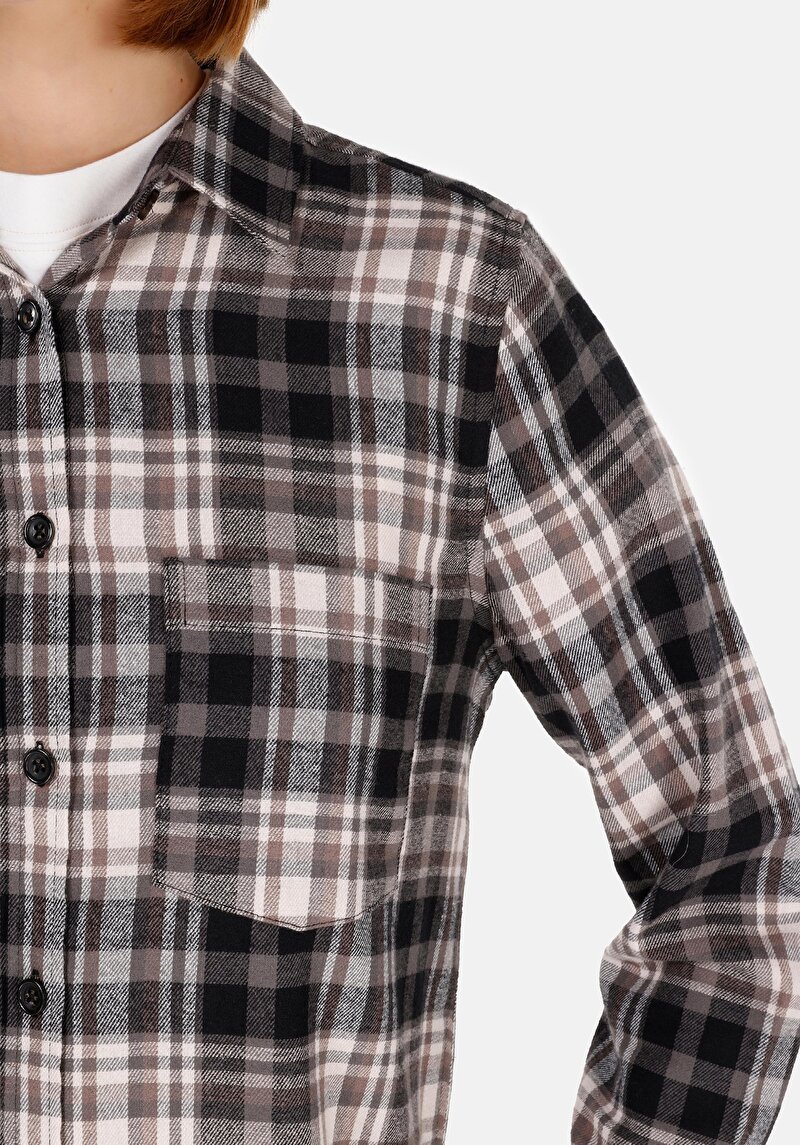 Regular Fit Shirt Neck Ekoseli Kadın Siyah Uzun Kol Gömlek