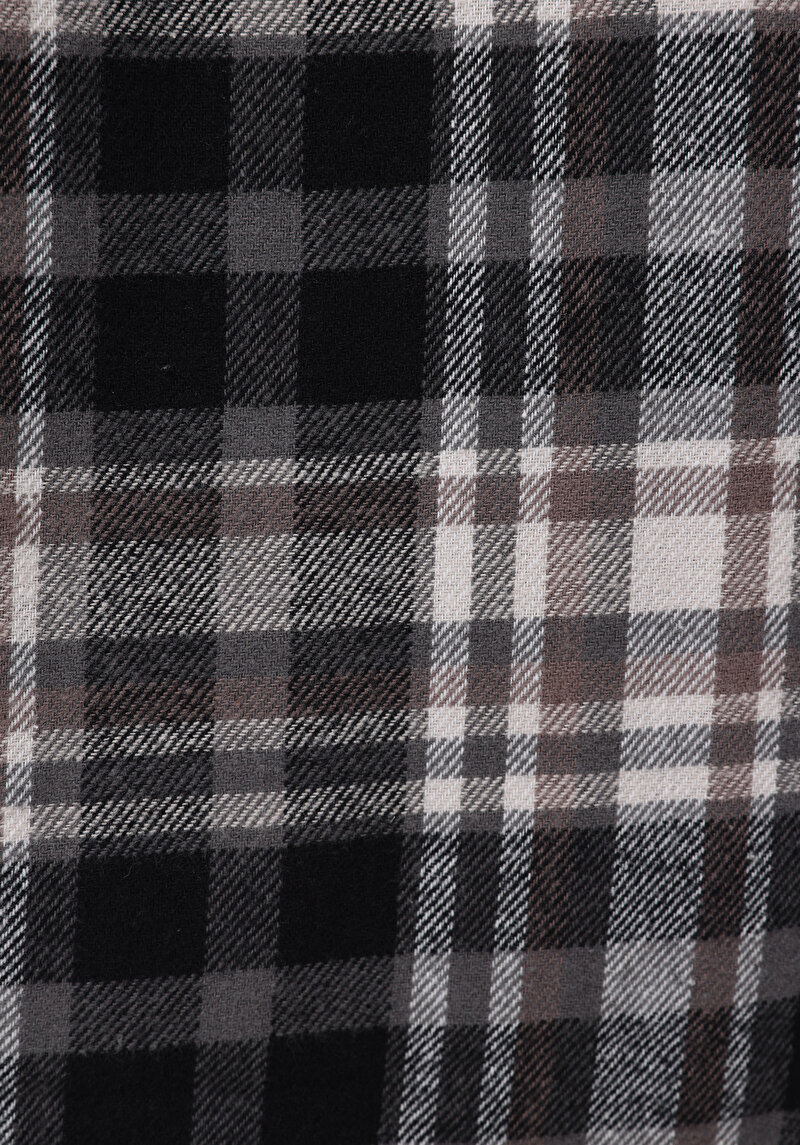 Regular Fit Shirt Neck Ekoseli Kadın Siyah Uzun Kol Gömlek