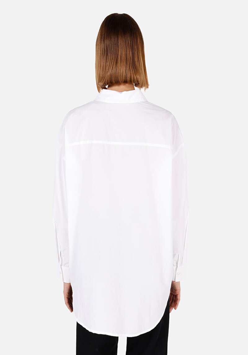 Relaxed Fit Shirt Neck Kadın Beyaz Uzun Kol Gömlek