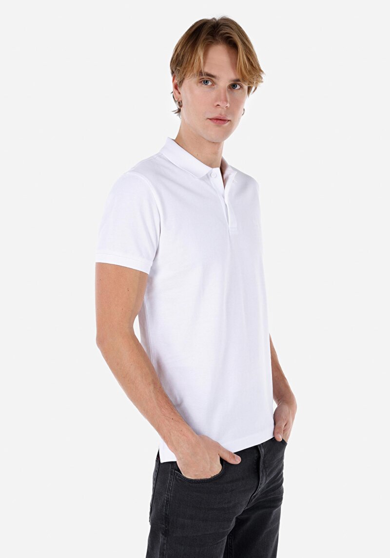 Classic Fit Polo Yaka Düz Erkek Beyaz Kısa Kol Tişört