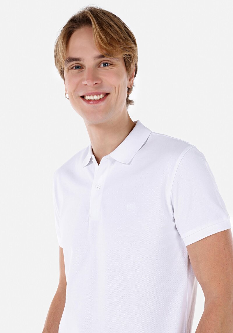 Classic Fit Polo Yaka Düz Erkek Beyaz Kısa Kol Tişört