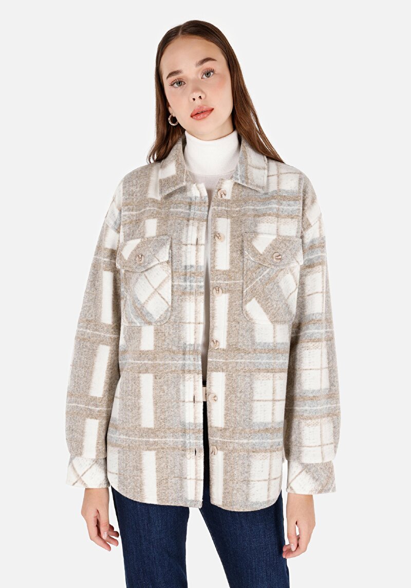 Regular Fit Shirt Neck Kadın Bej Uzun Kol Gömlek