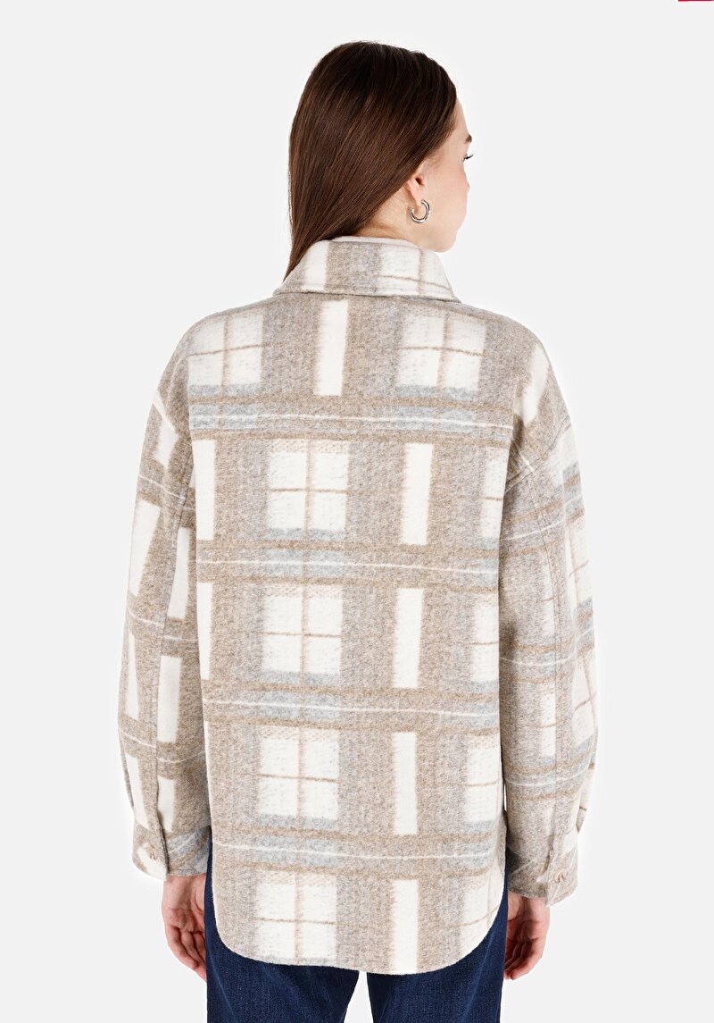 Regular Fit Shirt Neck Kadın Bej Uzun Kol Gömlek