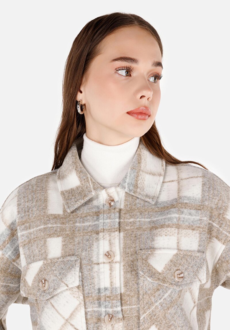 Regular Fit Shirt Neck Kadın Bej Uzun Kol Gömlek