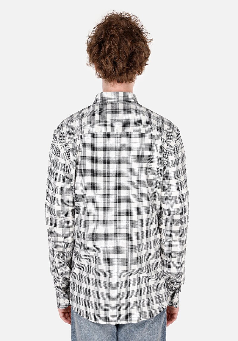 Slim Fit Shirt Neck Ekoseli Erkek Ekru Uzun Kol Gömlek