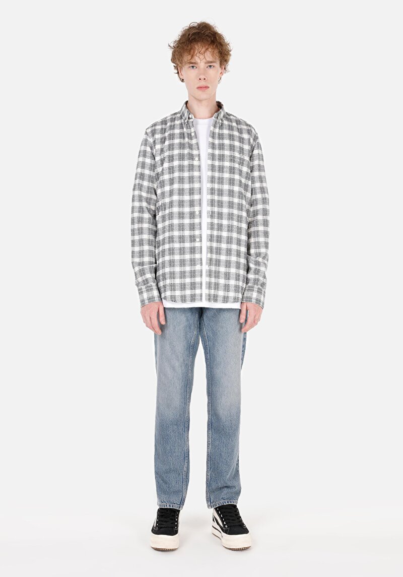 Slim Fit Shirt Neck Ekoseli Erkek Ekru Uzun Kol Gömlek