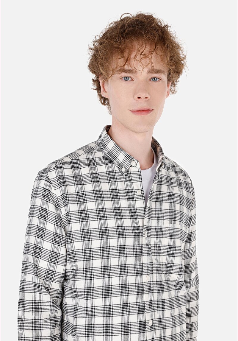 Slim Fit Shirt Neck Ekoseli Erkek Ekru Uzun Kol Gömlek