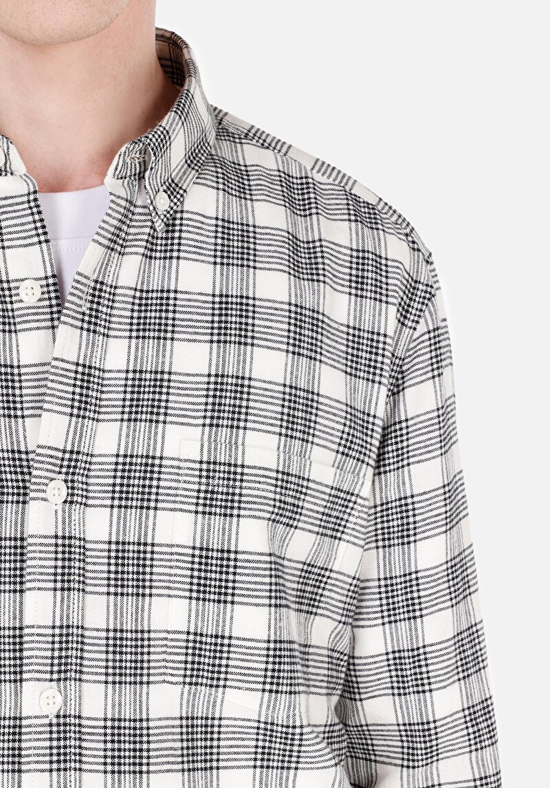 Slim Fit Shirt Neck Ekoseli Erkek Ekru Uzun Kol Gömlek