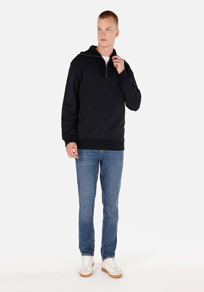 Comfort Fit Erkek Fermuarlı Siyah Sweatshirt