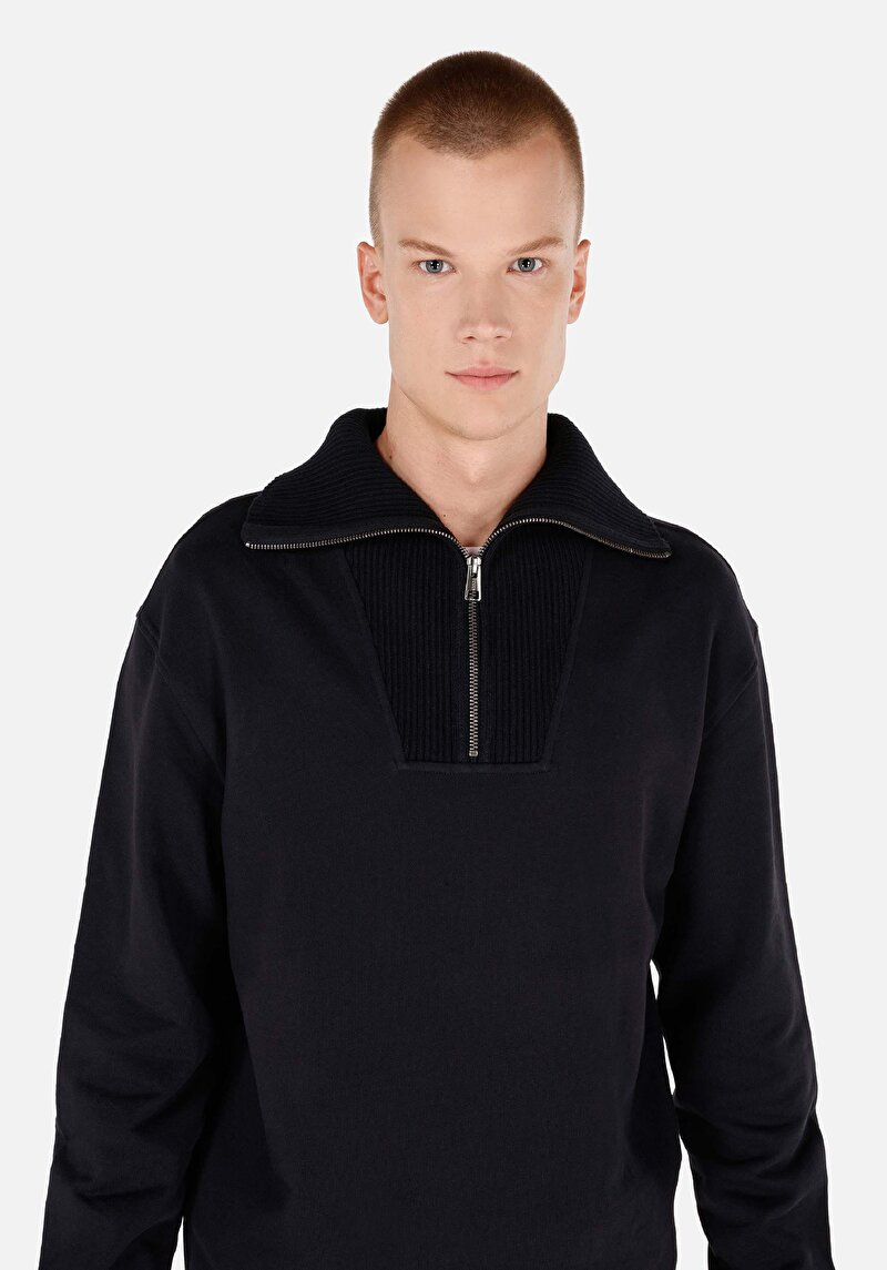 Comfort Fit Erkek Fermuarlı Siyah Sweatshirt