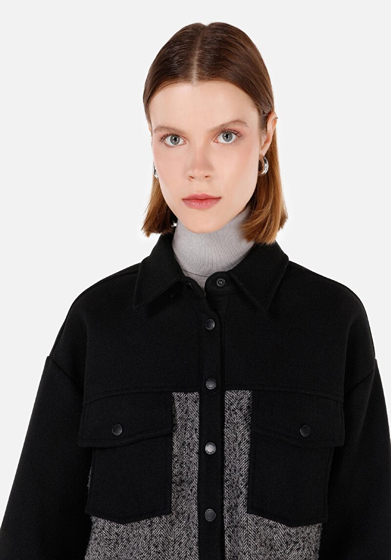 Relax Fit Shirt Neck Kadın Siyah Uzun Kol Gömlek