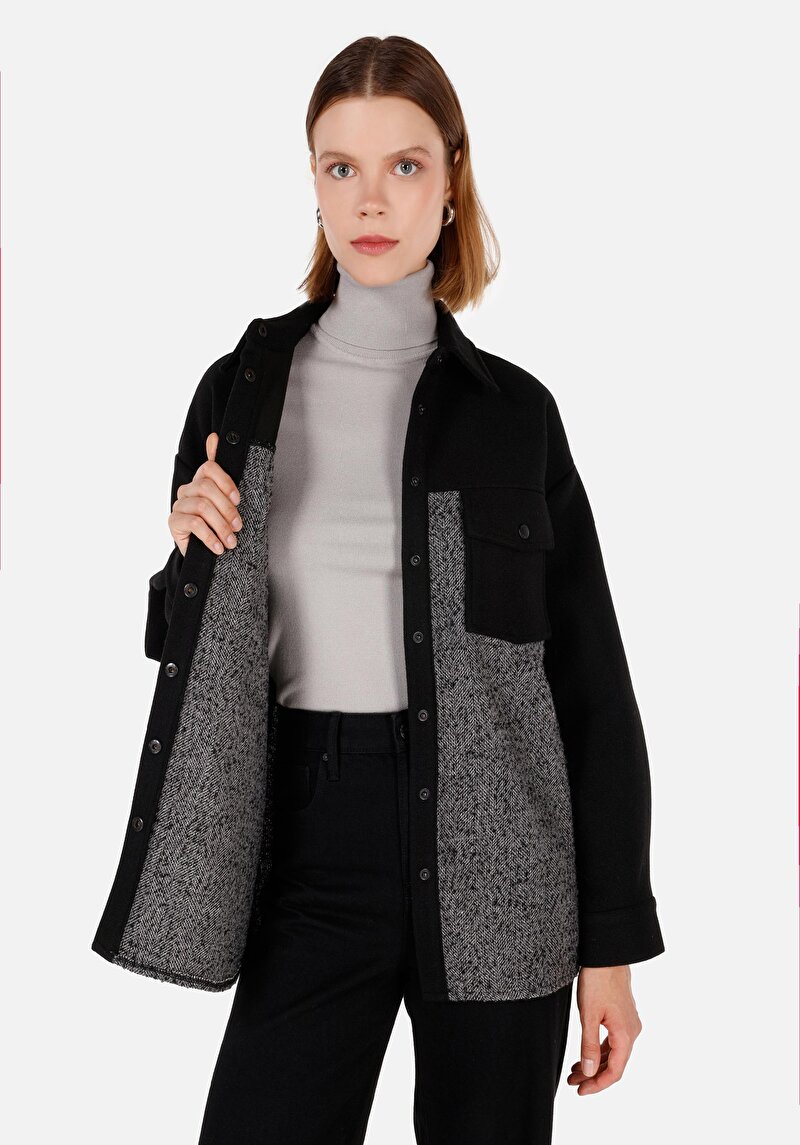 Relax Fit Shirt Neck  Kadın Siyah Uzun Kol Gömlek