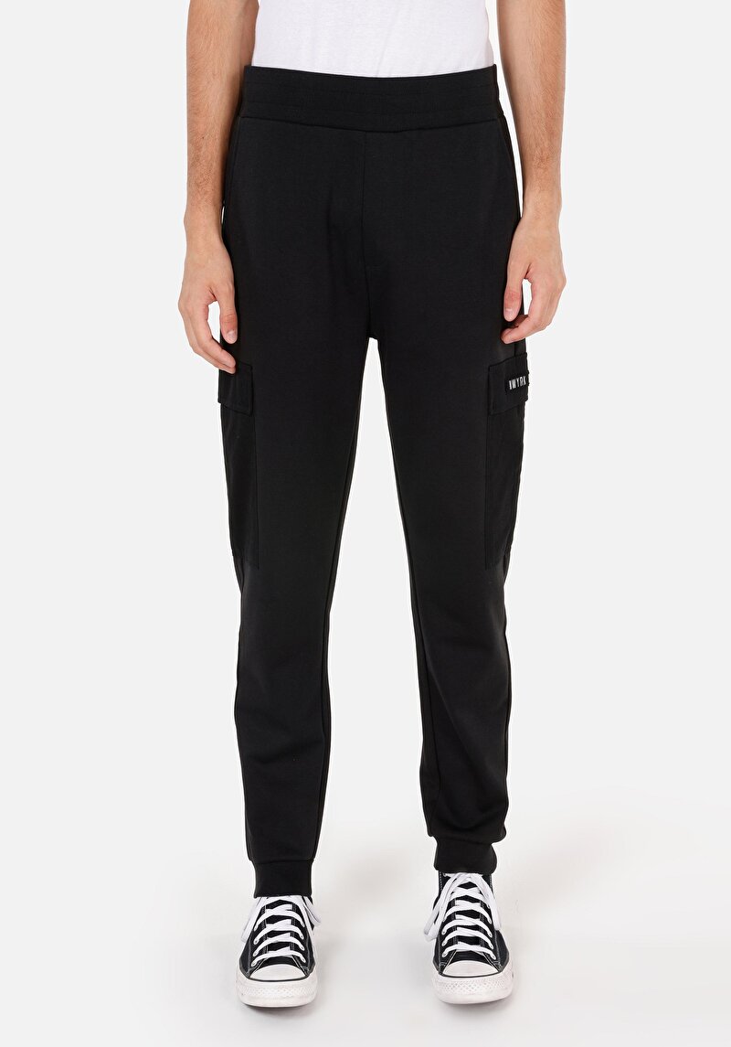 Slim Fit Orta Bel Erkek Pamuk Karışımlı Siyah Eşofman Altı