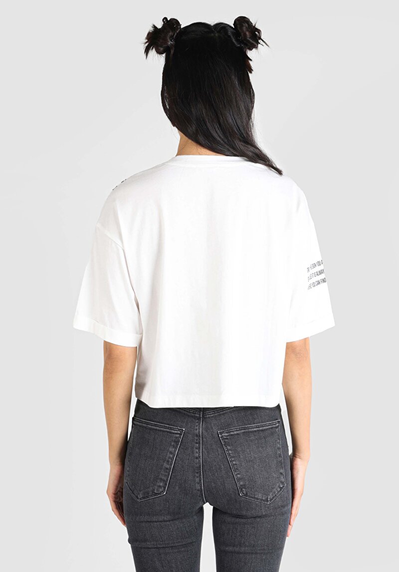 Comfort Fit Yuvarlak Yaka Baskılı Kadın Beyaz Kısa Kol Tişört