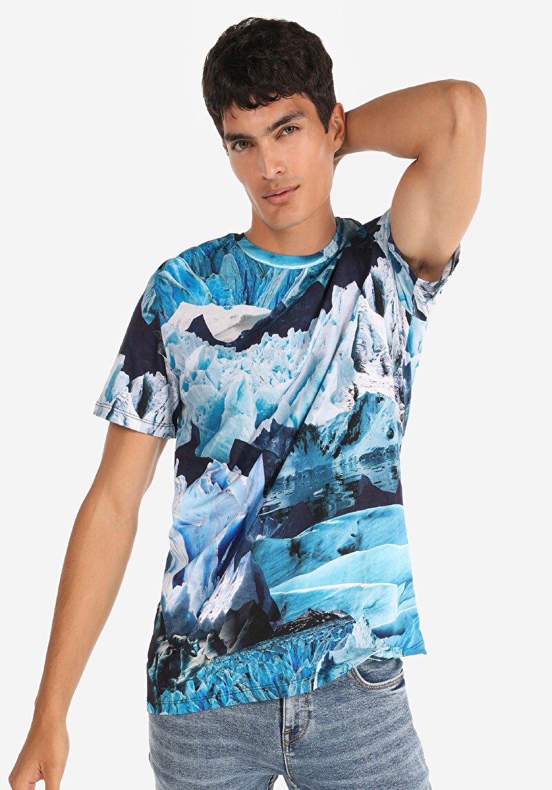 Regular Fit Yuvarlak Yaka Erkek Mavi Kısa Kol Tişört