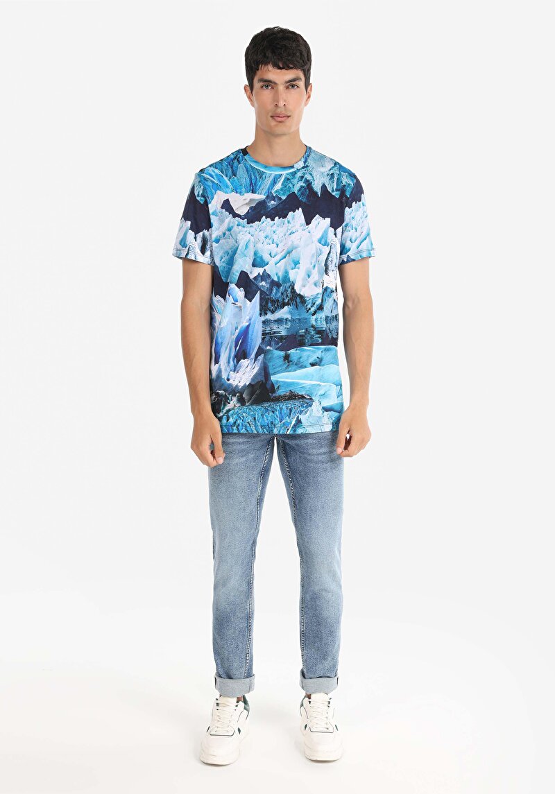 Regular Fit Yuvarlak Yaka Erkek Mavi Kısa Kol Tişört