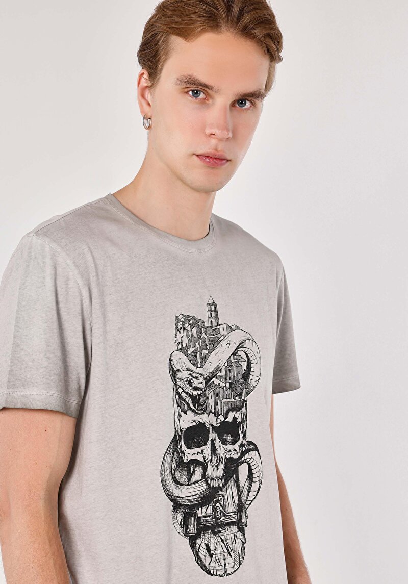 Regular Fit Yuvarlak Yaka Baskılı Cepsiz Erkek Gri Kısa Kol Tişört