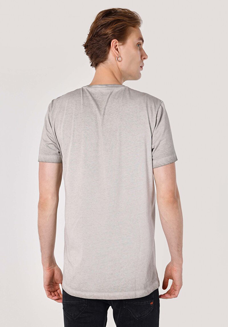 Regular Fit Yuvarlak Yaka Baskılı Cepsiz Erkek Gri Kısa Kol Tişört