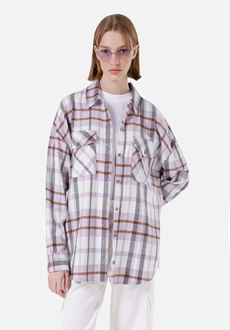 Relaxed Fit Shirt Neck Ekoseli Kadın Mor Uzun Kol Gömlek