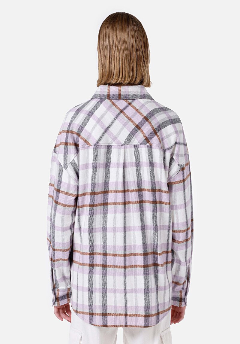 Relaxed Fit Shirt Neck Ekoseli Kadın Mor Uzun Kol Gömlek