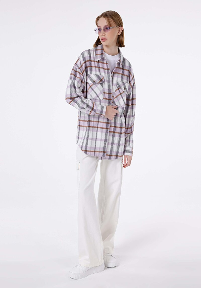 Relaxed Fit Shirt Neck Ekoseli Kadın Mor Uzun Kol Gömlek