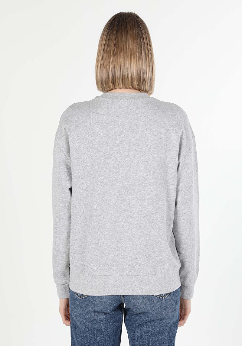 Regular Fit Yuvarlak Yaka Baskılı Kadın Gri Sweatshirt
