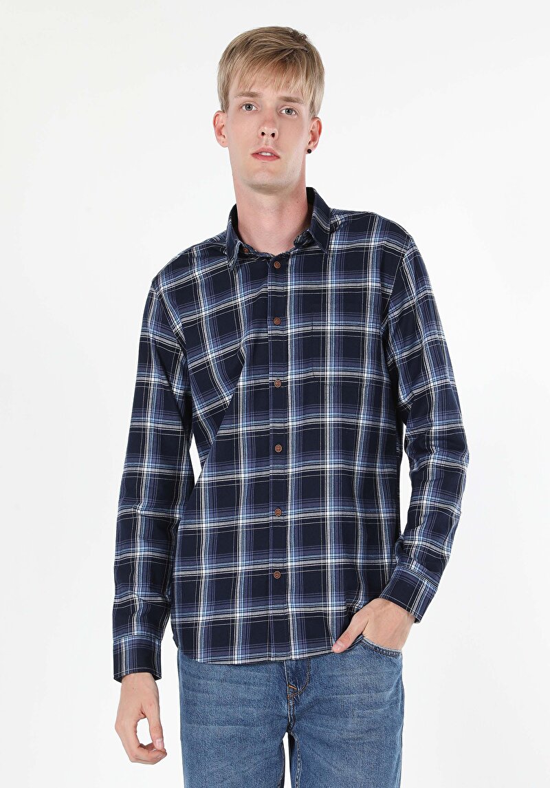 Regular Fit Shirt Neck Kareli Erkek Lacivert Uzun Kol Gömlek