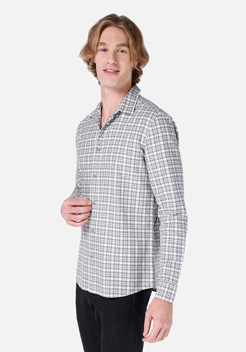 Slim Fit Shirt Neck Ekoseli Erkek Gri Uzun Kol Gömlek