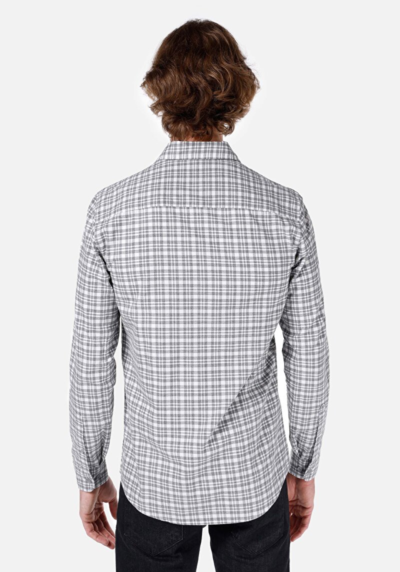 Slim Fit Shirt Neck Ekoseli Erkek Gri Uzun Kol Gömlek