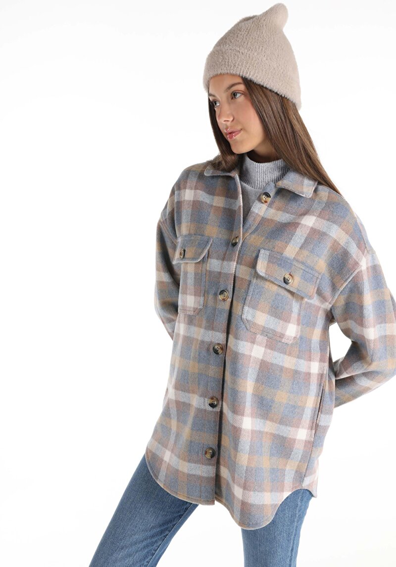 Regular Fit Cepli Shirt Neck Ekoseli Kadın Çok Renkli Uzun Kol Gömlek