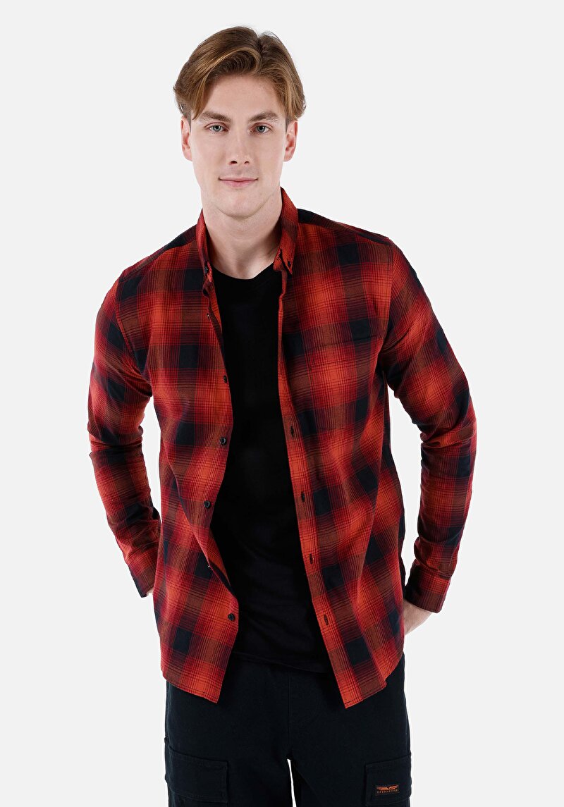 Slim Fit Shirt Neck Ekoseli Erkek Turuncu Uzun Kol Gömlek