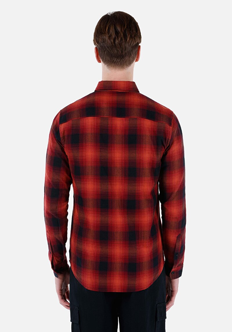 Slim Fit Shirt Neck Ekoseli Erkek Turuncu Uzun Kol Gömlek