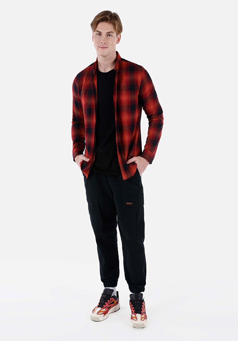 Slim Fit Shirt Neck Ekoseli Erkek Turuncu Uzun Kol Gömlek